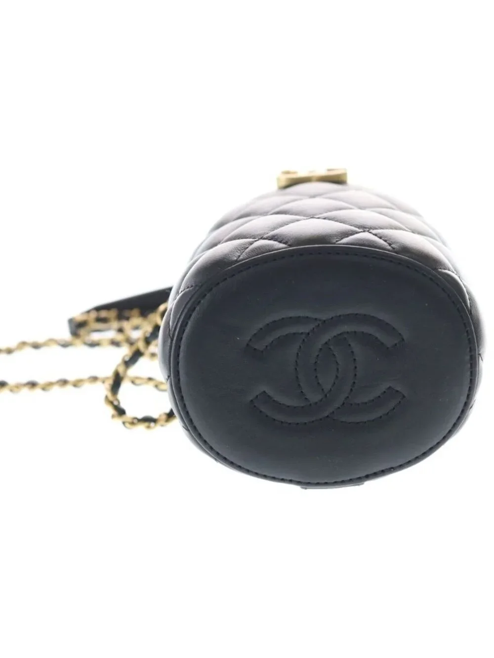 Chanel Crown Box Vanity Lambskin Leather Chain Shoulder Bag Gold Black Plate
